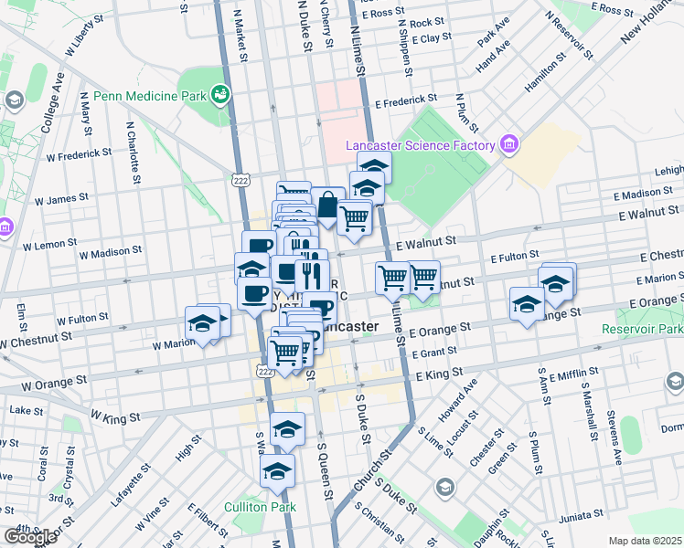 map of restaurants, bars, coffee shops, grocery stores, and more near 38 East Walnut Street in Lancaster