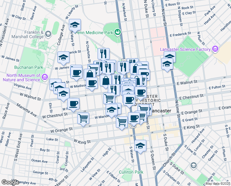 map of restaurants, bars, coffee shops, grocery stores, and more near 251 West Walnut Street in Lancaster