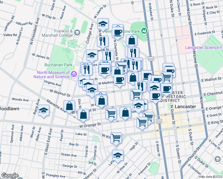 map of restaurants, bars, coffee shops, grocery stores, and more near 319 North Mary Street in Lancaster