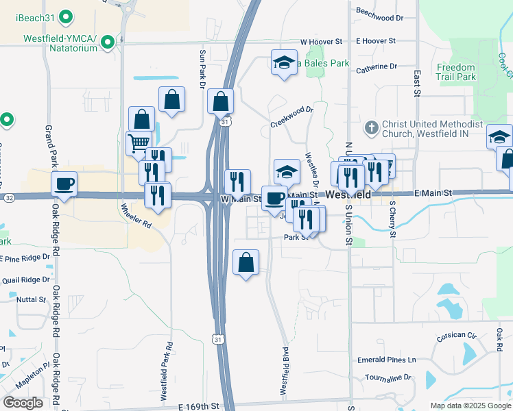 map of restaurants, bars, coffee shops, grocery stores, and more near 401 West Main Street in Westfield