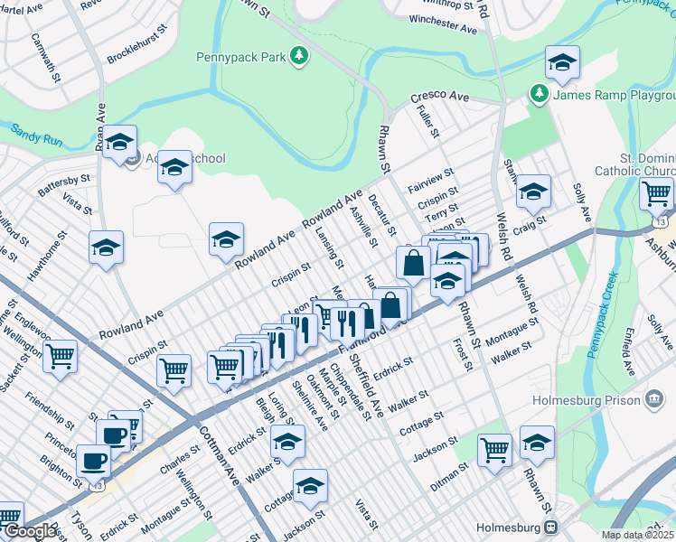 map of restaurants, bars, coffee shops, grocery stores, and more near 3422 Lansing Street in Philadelphia