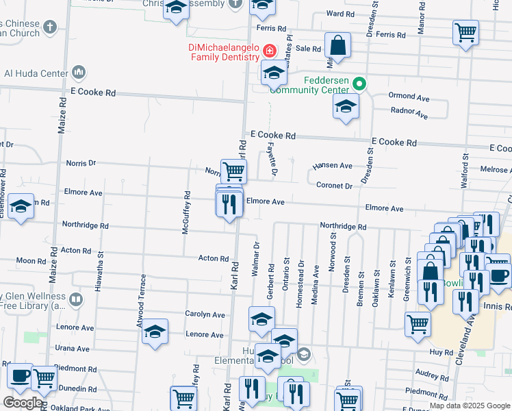 map of restaurants, bars, coffee shops, grocery stores, and more near 3697 Elmore Court in Columbus