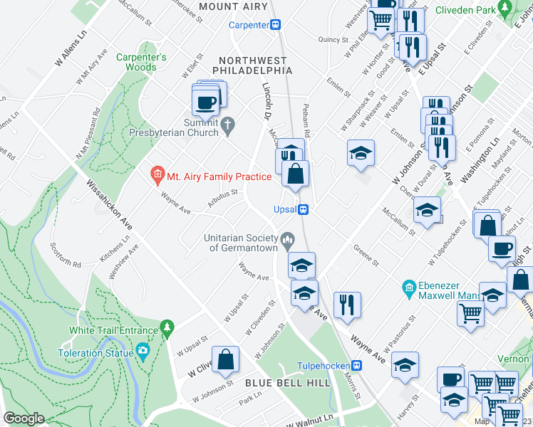 map of restaurants, bars, coffee shops, grocery stores, and more near 6603 Lincoln Drive in Philadelphia