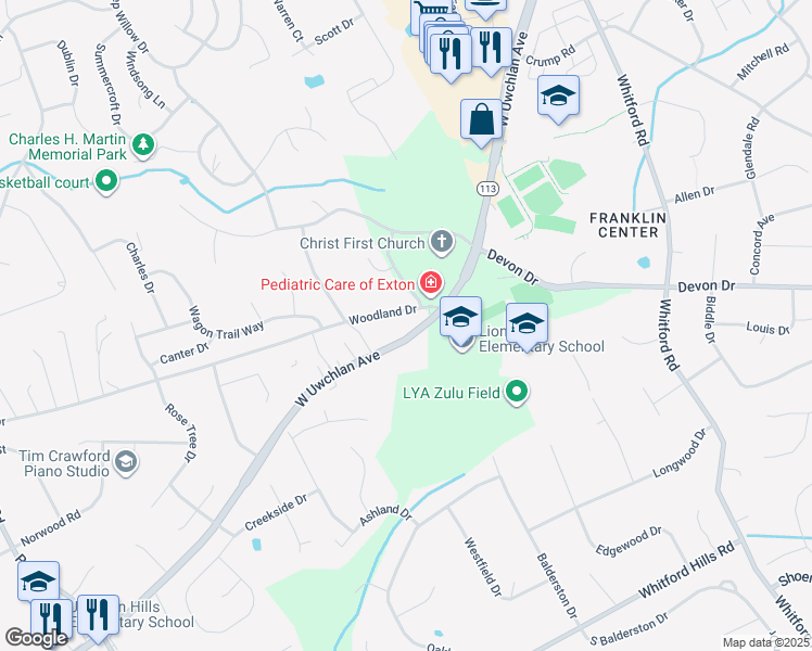 map of restaurants, bars, coffee shops, grocery stores, and more near 527 West Uwchlan Avenue in Downingtown