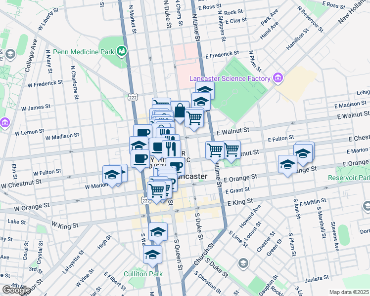 map of restaurants, bars, coffee shops, grocery stores, and more near 230 North Duke Street in Lancaster