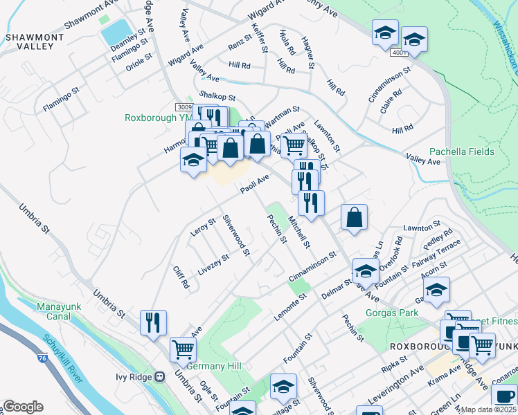 map of restaurants, bars, coffee shops, grocery stores, and more near 6900 Pechin Street in Philadelphia