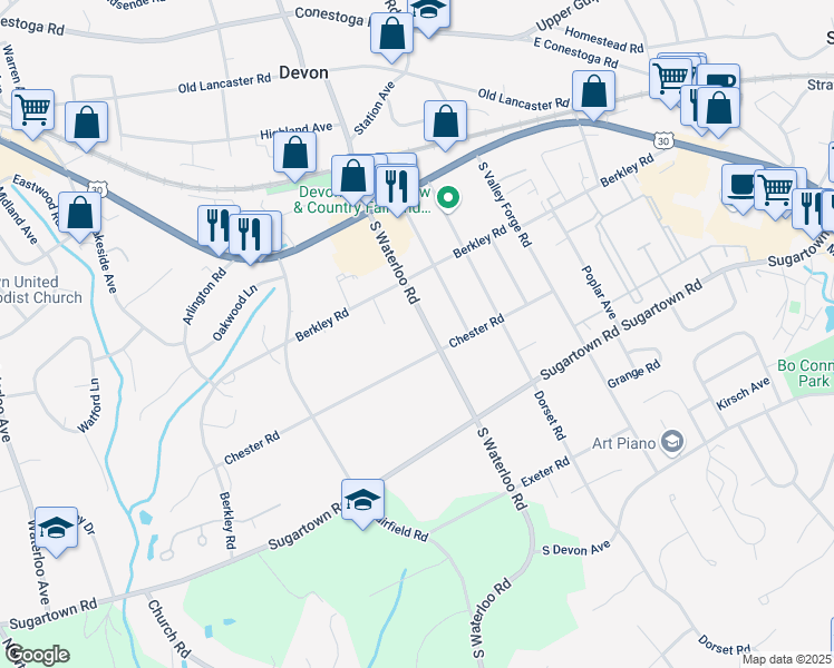 map of restaurants, bars, coffee shops, grocery stores, and more near 220 South Waterloo Road in Devon