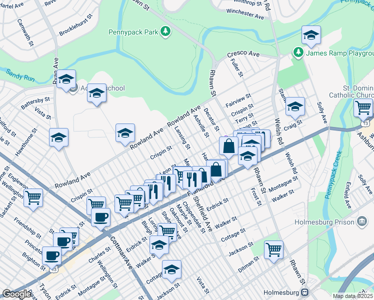map of restaurants, bars, coffee shops, grocery stores, and more near 3422 Lansing Street in Philadelphia