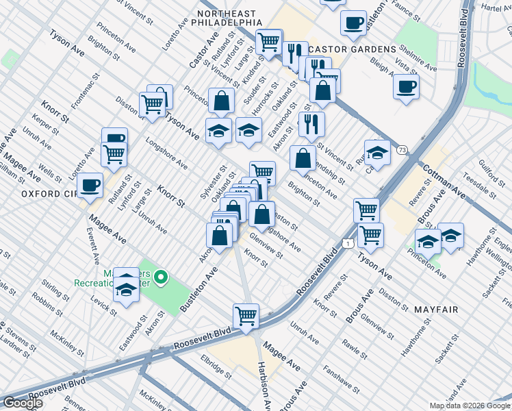 map of restaurants, bars, coffee shops, grocery stores, and more near 2034 Disston Street in Philadelphia