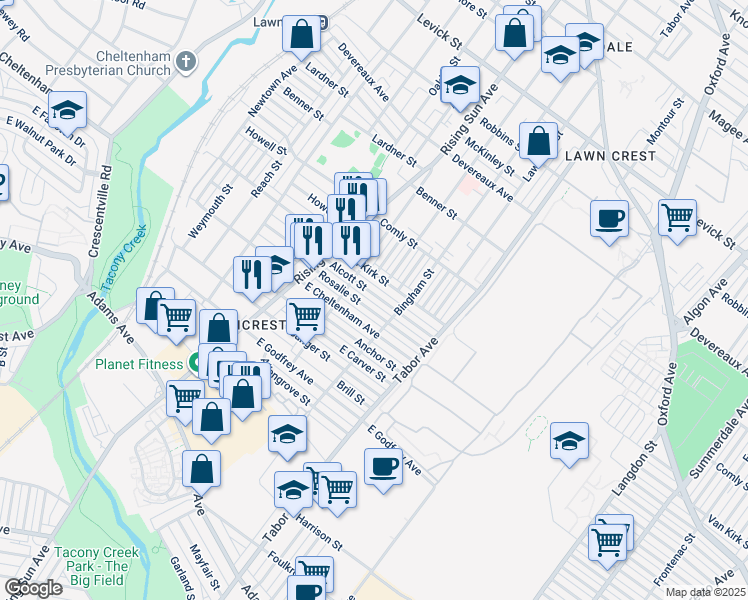 map of restaurants, bars, coffee shops, grocery stores, and more near 578 Alcott Street in Philadelphia