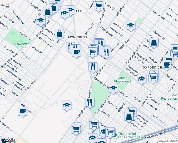 map of restaurants, bars, coffee shops, grocery stores, and more near 6202 Pennsylvania 232 in Philadelphia
