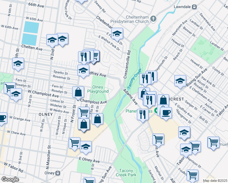 map of restaurants, bars, coffee shops, grocery stores, and more near 6060 Crescentville Road in Philadelphia