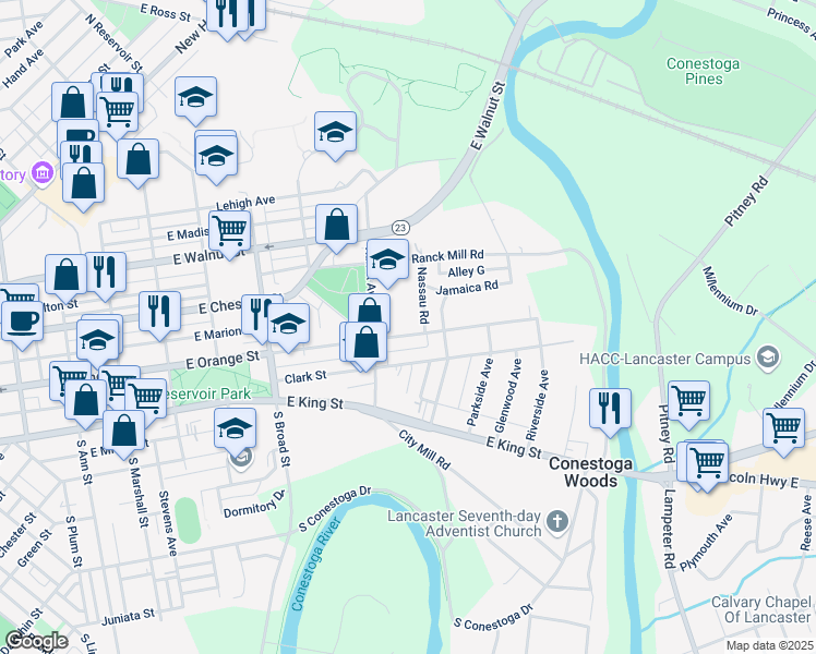 map of restaurants, bars, coffee shops, grocery stores, and more near 1001 East Orange Street in Lancaster