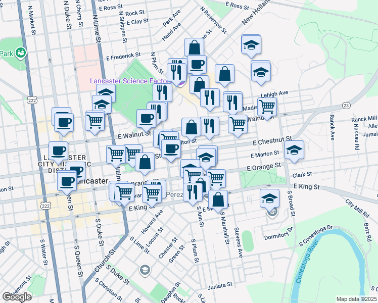 map of restaurants, bars, coffee shops, grocery stores, and more near 435 East Chestnut Street in Lancaster