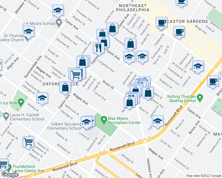 map of restaurants, bars, coffee shops, grocery stores, and more near 6750 Horrocks Street in Philadelphia