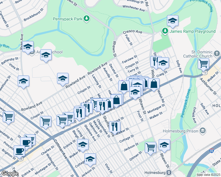 map of restaurants, bars, coffee shops, grocery stores, and more near 3501 Hartel Avenue in Philadelphia