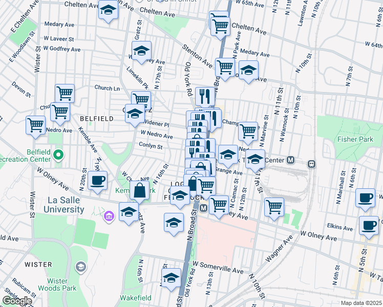 map of restaurants, bars, coffee shops, grocery stores, and more near 1418 Conlyn Street in Philadelphia