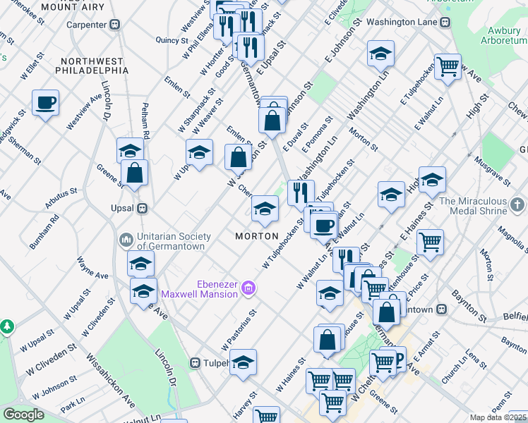 map of restaurants, bars, coffee shops, grocery stores, and more near 6318 Cherokee Street in Philadelphia