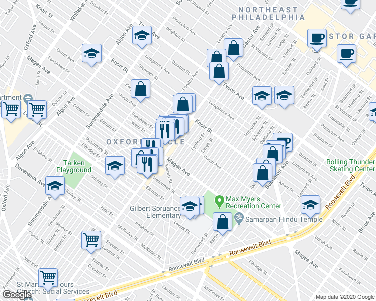 map of restaurants, bars, coffee shops, grocery stores, and more near 6648 Lynford Street in Philadelphia