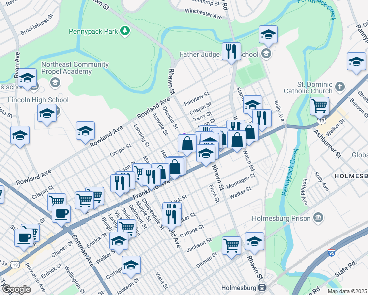 map of restaurants, bars, coffee shops, grocery stores, and more near 3528 Decatur Street in Philadelphia