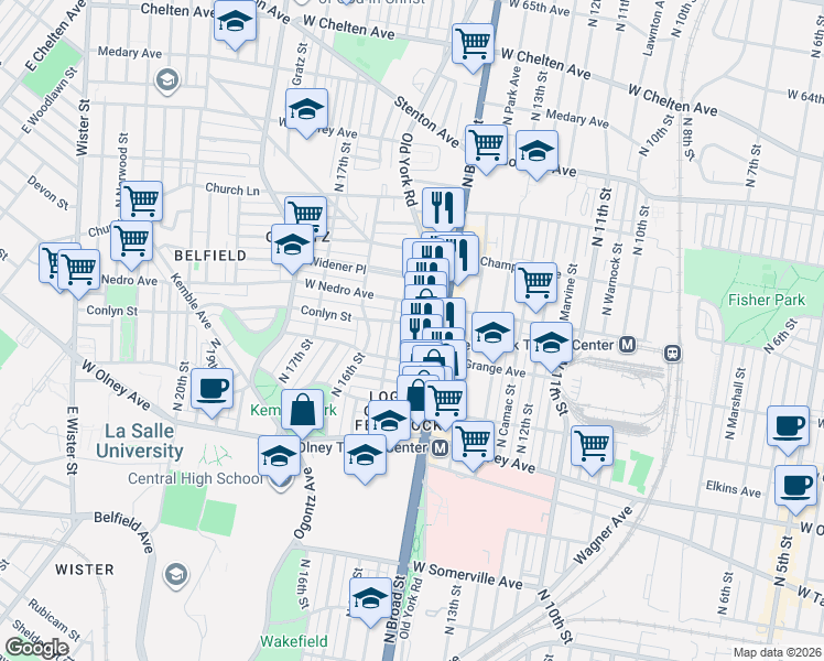 map of restaurants, bars, coffee shops, grocery stores, and more near 1418 Conlyn Street in Philadelphia