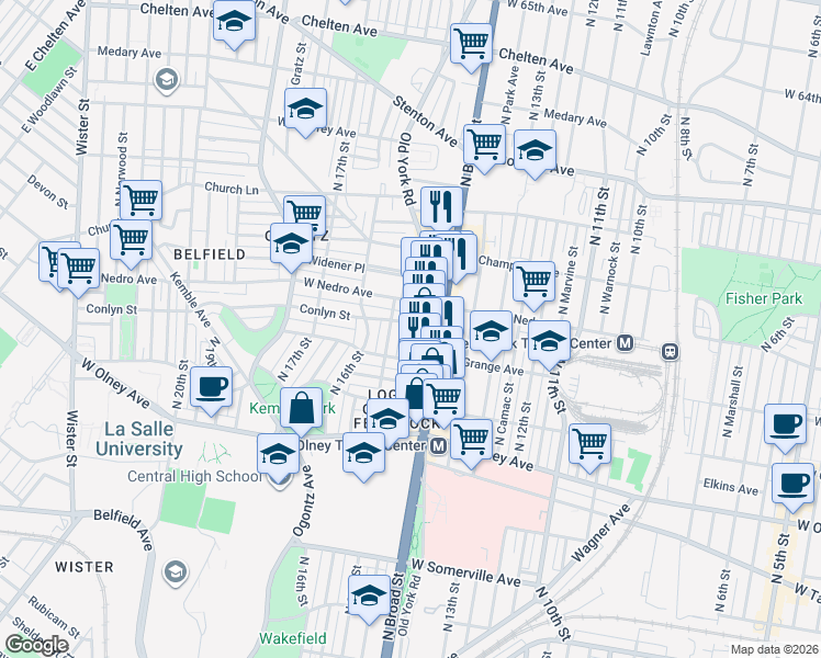 map of restaurants, bars, coffee shops, grocery stores, and more near 1441 Conlyn Street in Philadelphia