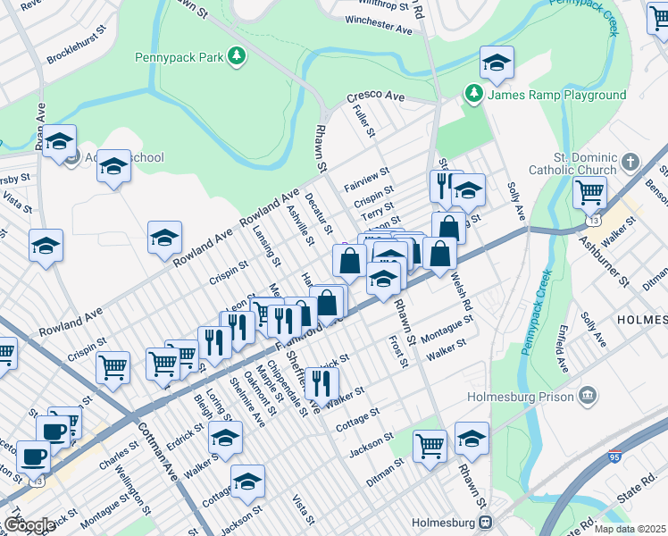 map of restaurants, bars, coffee shops, grocery stores, and more near 3521 Ashville Street in Philadelphia