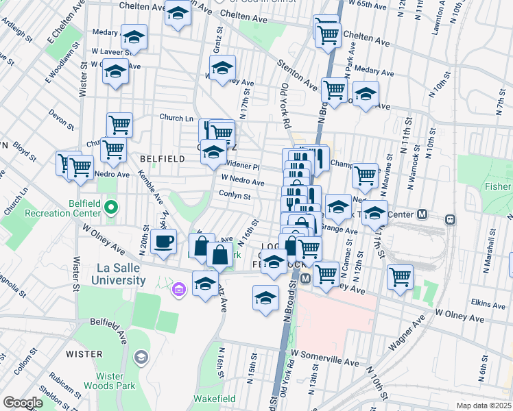 map of restaurants, bars, coffee shops, grocery stores, and more near 5824 North 16th Street in Philadelphia