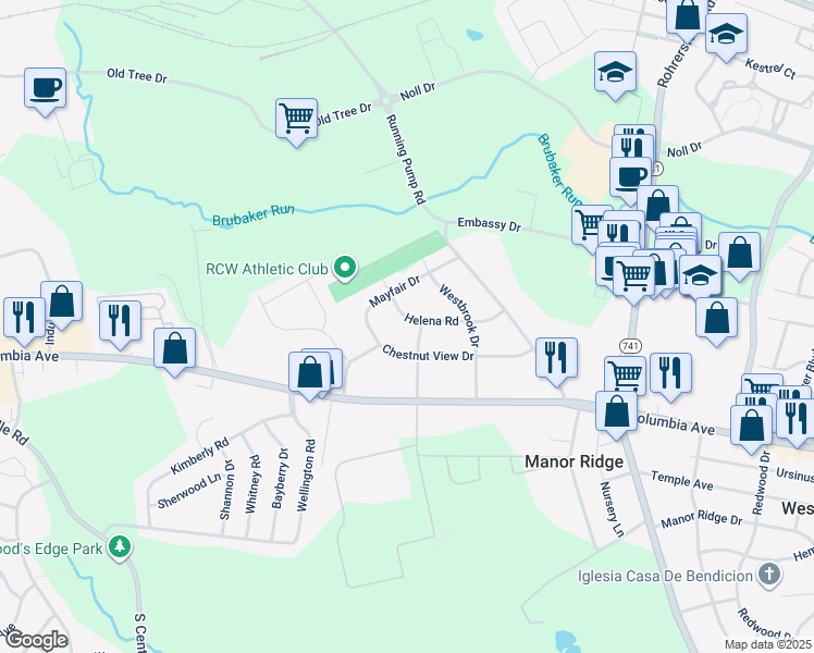 map of restaurants, bars, coffee shops, grocery stores, and more near 2506 Helena Road in Lancaster