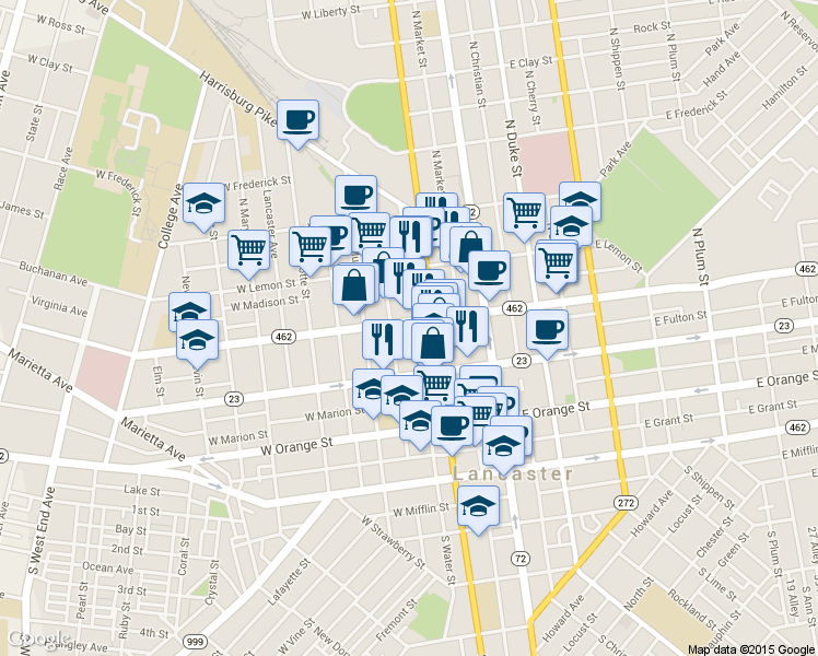 map of restaurants, bars, coffee shops, grocery stores, and more near 208 West Walnut Street in Lancaster