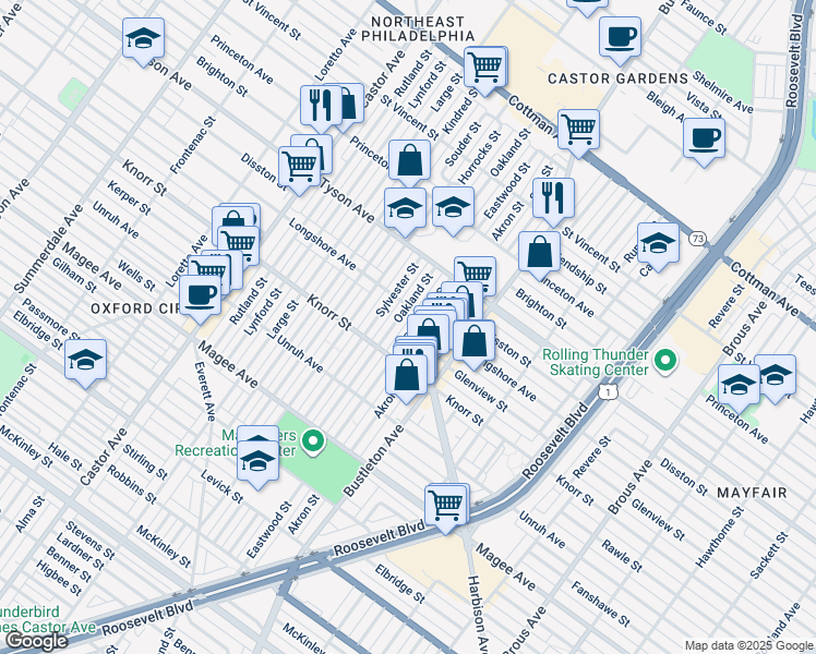 map of restaurants, bars, coffee shops, grocery stores, and more near 6834 Eastwood Street in Philadelphia