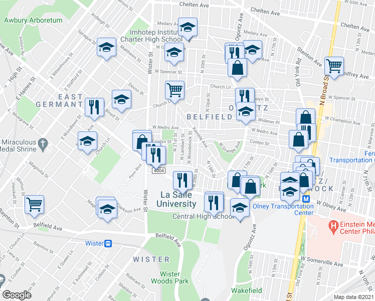map of restaurants, bars, coffee shops, grocery stores, and more near 5740 North Woodstock Street in Philadelphia