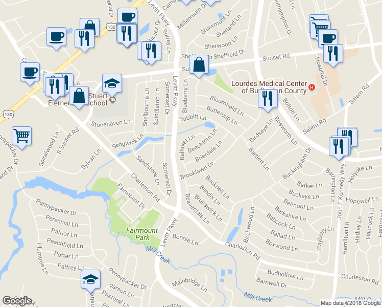 map of restaurants, bars, coffee shops, grocery stores, and more near 16 Beechfern Lane in Willingboro