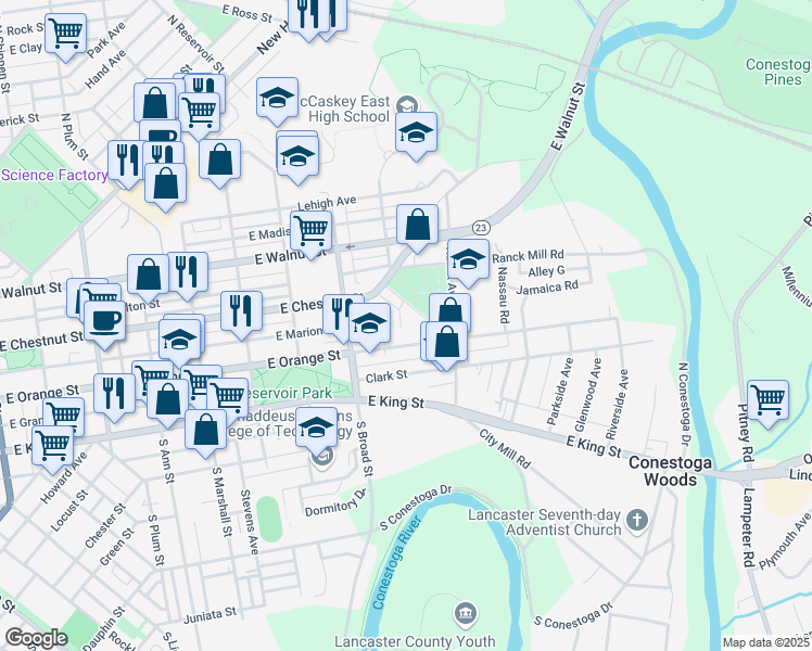 map of restaurants, bars, coffee shops, grocery stores, and more near 1048 Grofftown Road in Lancaster