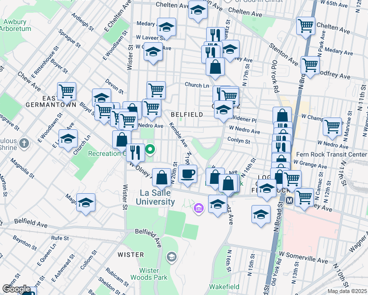 map of restaurants, bars, coffee shops, grocery stores, and more near 5820 Kemble Avenue in Philadelphia