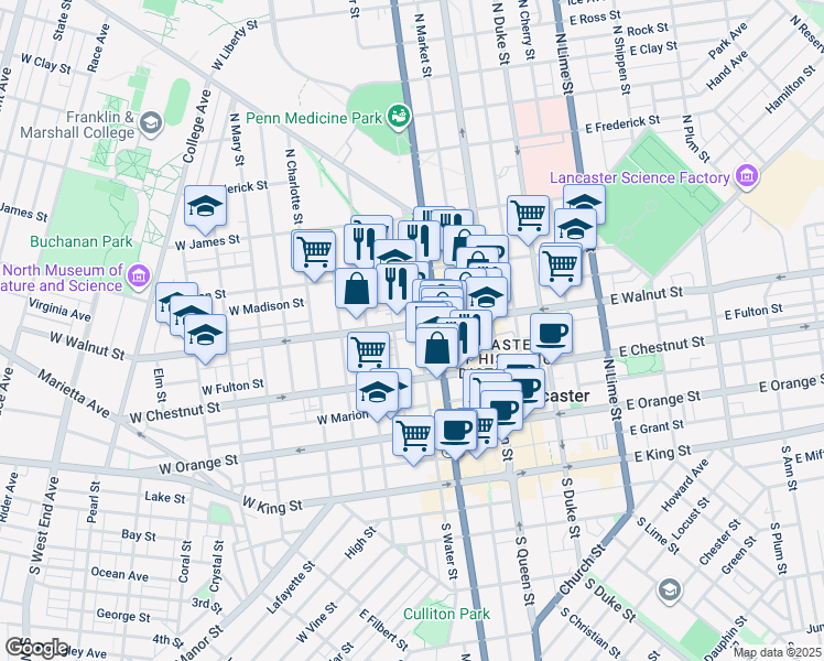 map of restaurants, bars, coffee shops, grocery stores, and more near 208 West Walnut Street in Lancaster