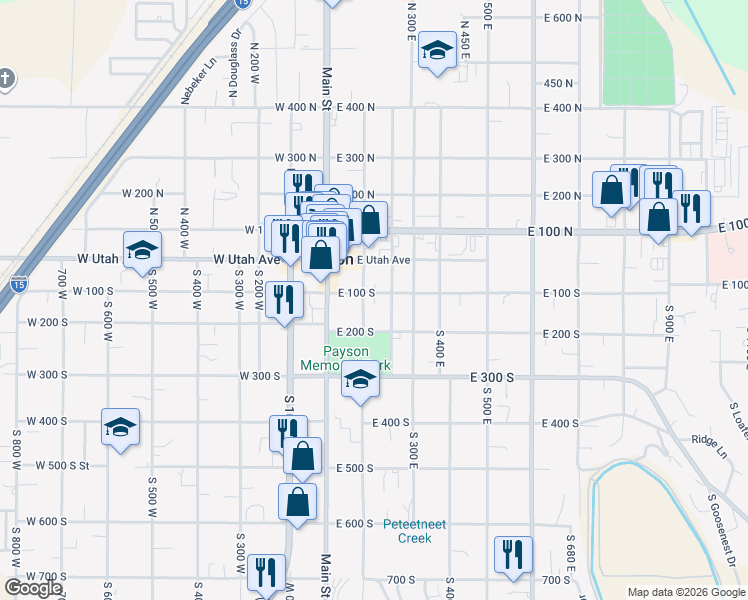 map of restaurants, bars, coffee shops, grocery stores, and more near 95 South 100 East in Payson