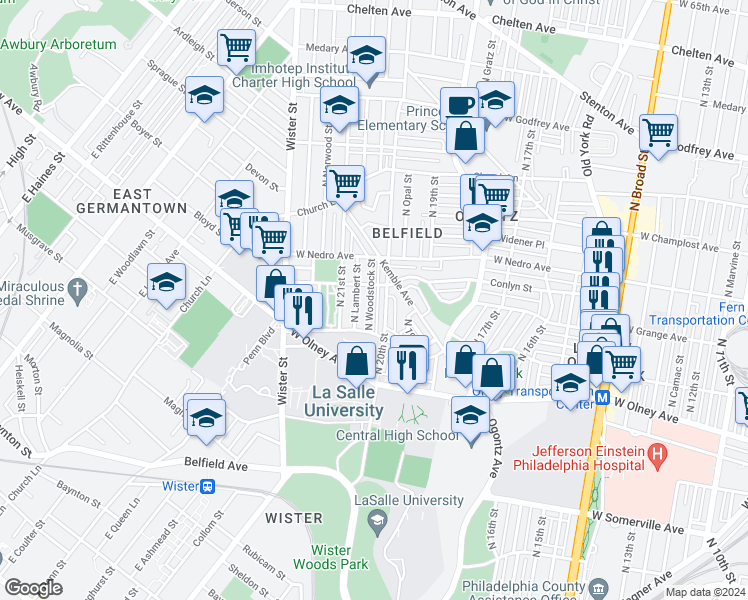 map of restaurants, bars, coffee shops, grocery stores, and more near 5745 North Woodstock Street in Philadelphia