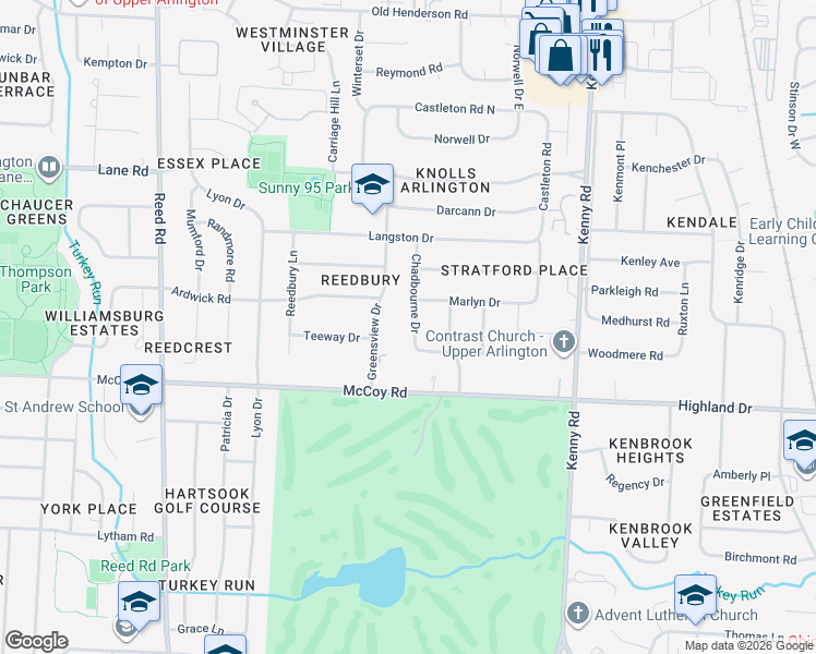 map of restaurants, bars, coffee shops, grocery stores, and more near 4174 Chadbourne Drive in Columbus