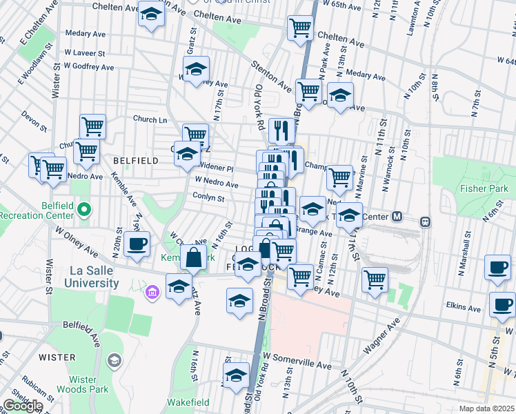 map of restaurants, bars, coffee shops, grocery stores, and more near 1418 Conlyn Street in Philadelphia