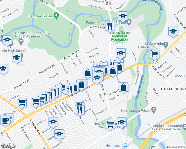 map of restaurants, bars, coffee shops, grocery stores, and more near 7928 Craig Street in Philadelphia