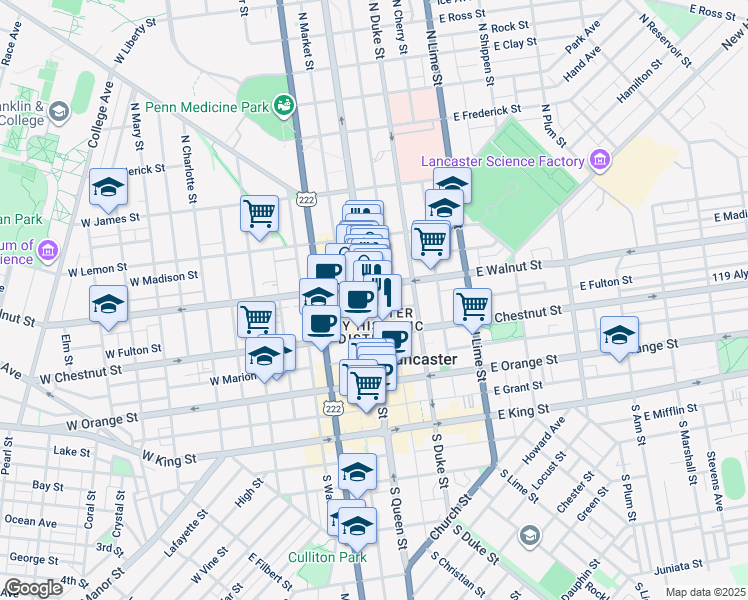 map of restaurants, bars, coffee shops, grocery stores, and more near 241 North Queen Street in Lancaster
