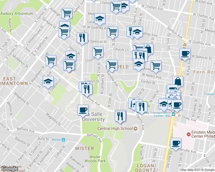 map of restaurants, bars, coffee shops, grocery stores, and more near 5745 North Woodstock Street in Philadelphia