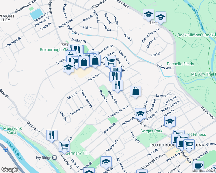 map of restaurants, bars, coffee shops, grocery stores, and more near 6805 Mitchell Street in Philadelphia