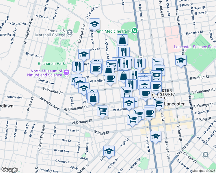 map of restaurants, bars, coffee shops, grocery stores, and more near 411 West Walnut Street in Lancaster
