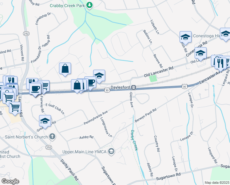 map of restaurants, bars, coffee shops, grocery stores, and more near 1456 East Lancaster Avenue in Paoli