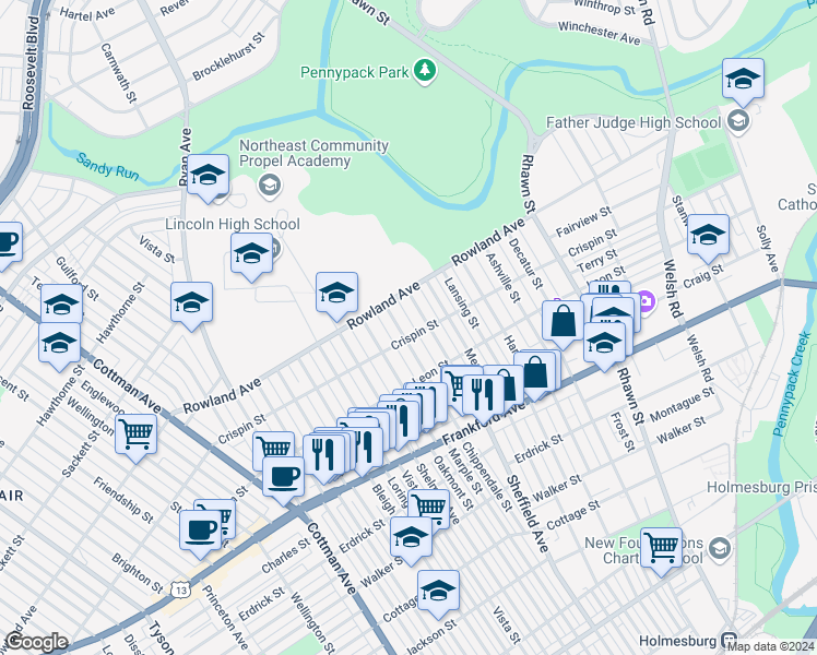 map of restaurants, bars, coffee shops, grocery stores, and more near 3337 Chippendale Street in Philadelphia