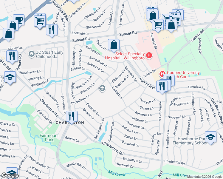 map of restaurants, bars, coffee shops, grocery stores, and more near 49 Bartlett Lane in Willingboro