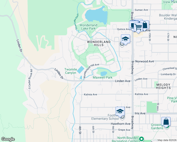 map of restaurants, bars, coffee shops, grocery stores, and more near 3722 Wonderland Hill Avenue in Boulder