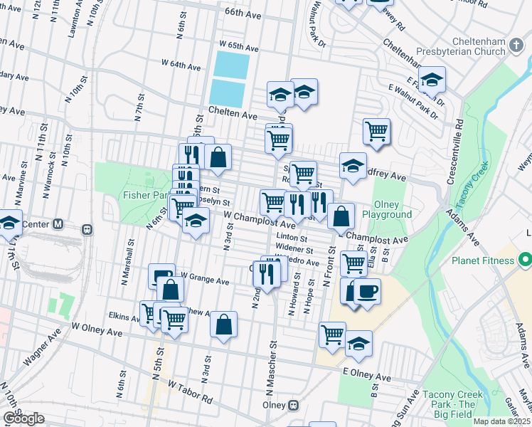 map of restaurants, bars, coffee shops, grocery stores, and more near 6012 North 2nd Street in Philadelphia